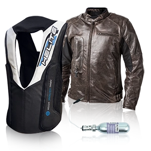 Brown leather motorcycle jacket and black airbag vest with CO₂ cartridge for added safety.